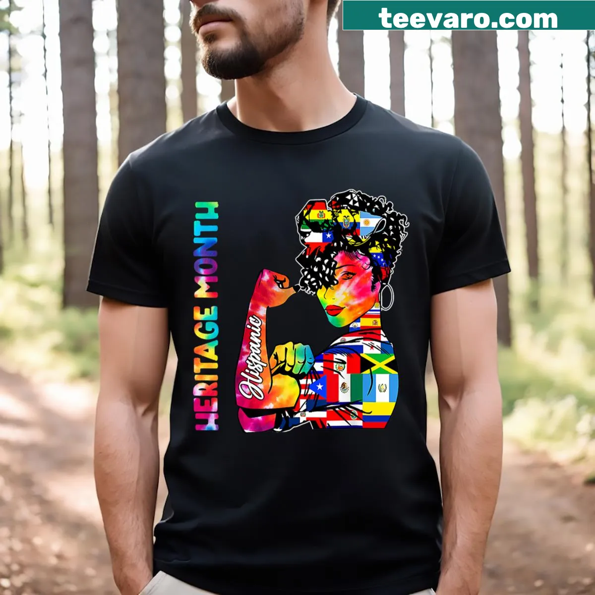 T-shirt featuring flags of Latino countries for Hispanic Heritage Month — on a men's t-shirt
