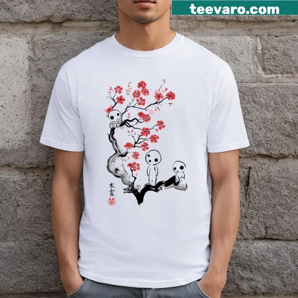 Whimsical forest creature illustrations on a nature-themed T-shirt.