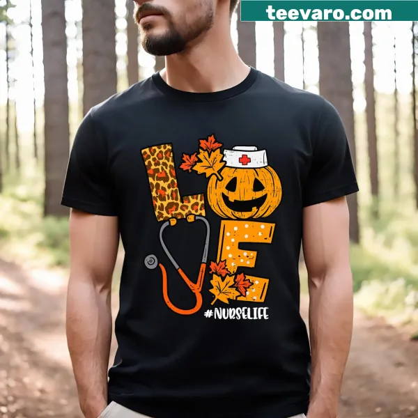 Cute pumpkin graphic designed for nurses on a Halloween-themed T-shirt.