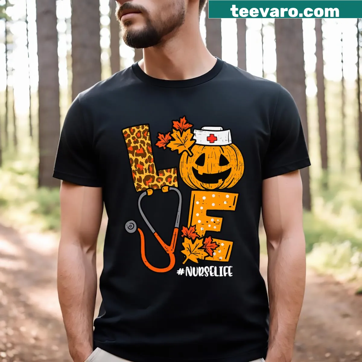 Cute pumpkin graphic designed for nurses on a Halloween-themed T-shirt. — on a men's t-shirt