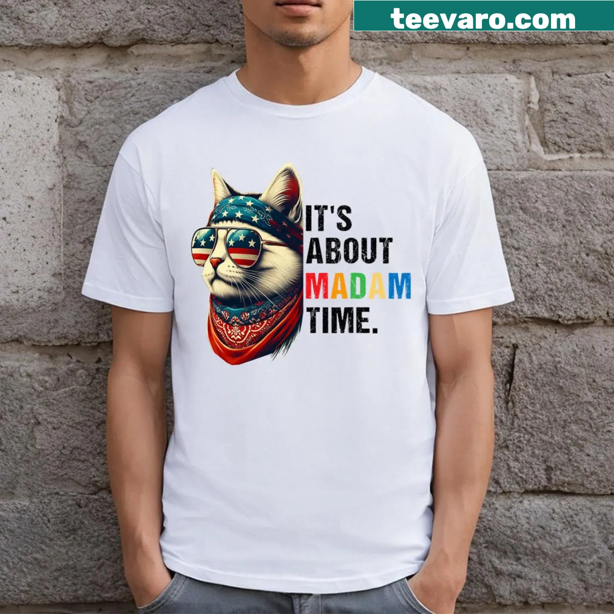 T-shirt featuring 'Madam Time President 2024' text. — on a men's t-shirt