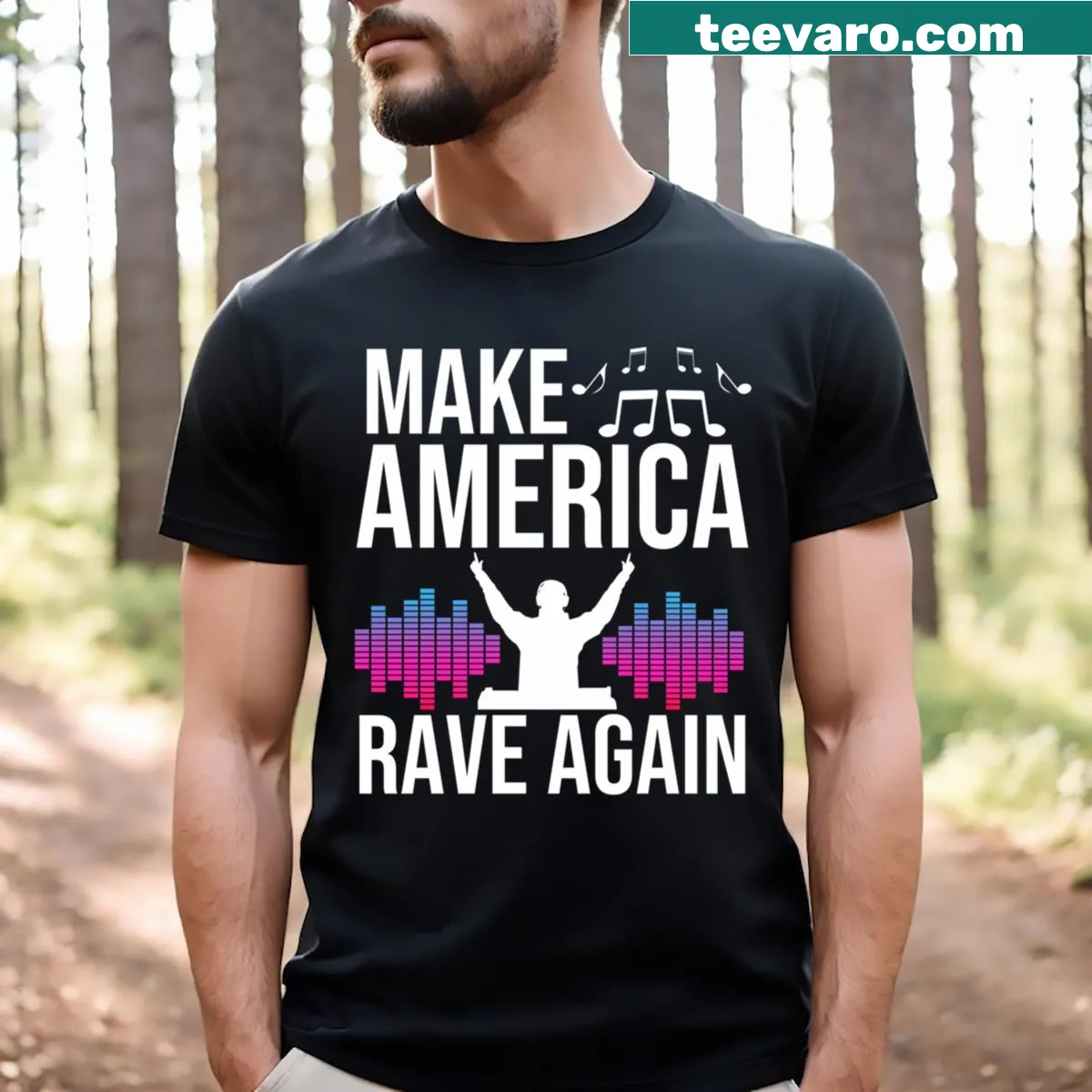 Funny DJ T-shirt with the phrase 'Make America Rave Again' — on a men's t-shirt