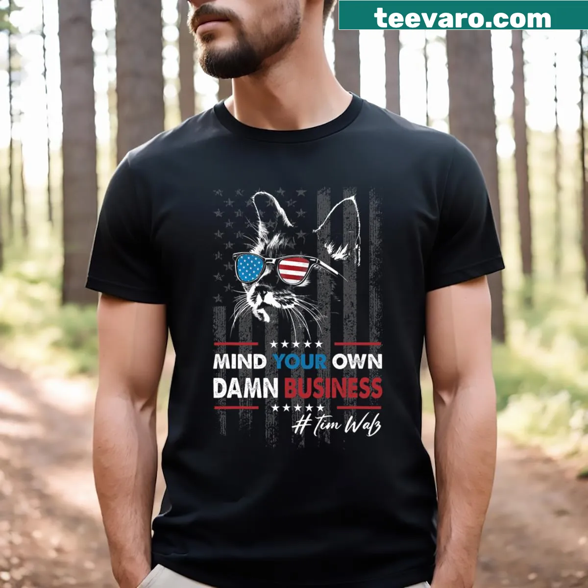 Sarcastic t-shirt for cat lovers with 'Mind Your Own Damn Business' text — on a men's t-shirt