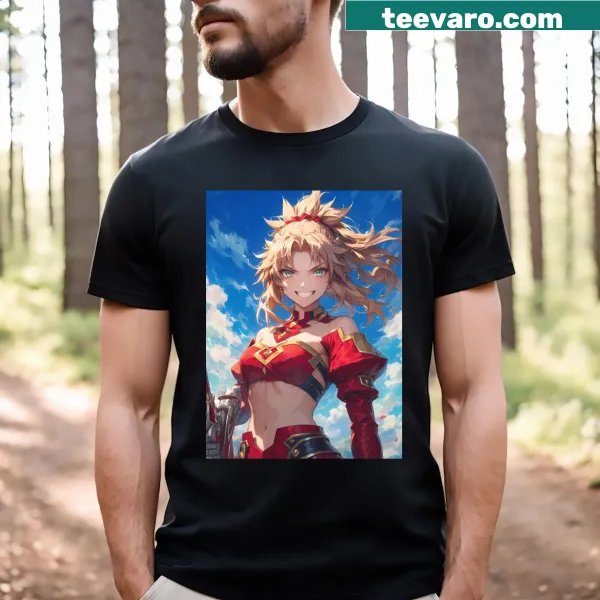 Anime T-shirt featuring Mordred in battle armor from Fate Grand Order