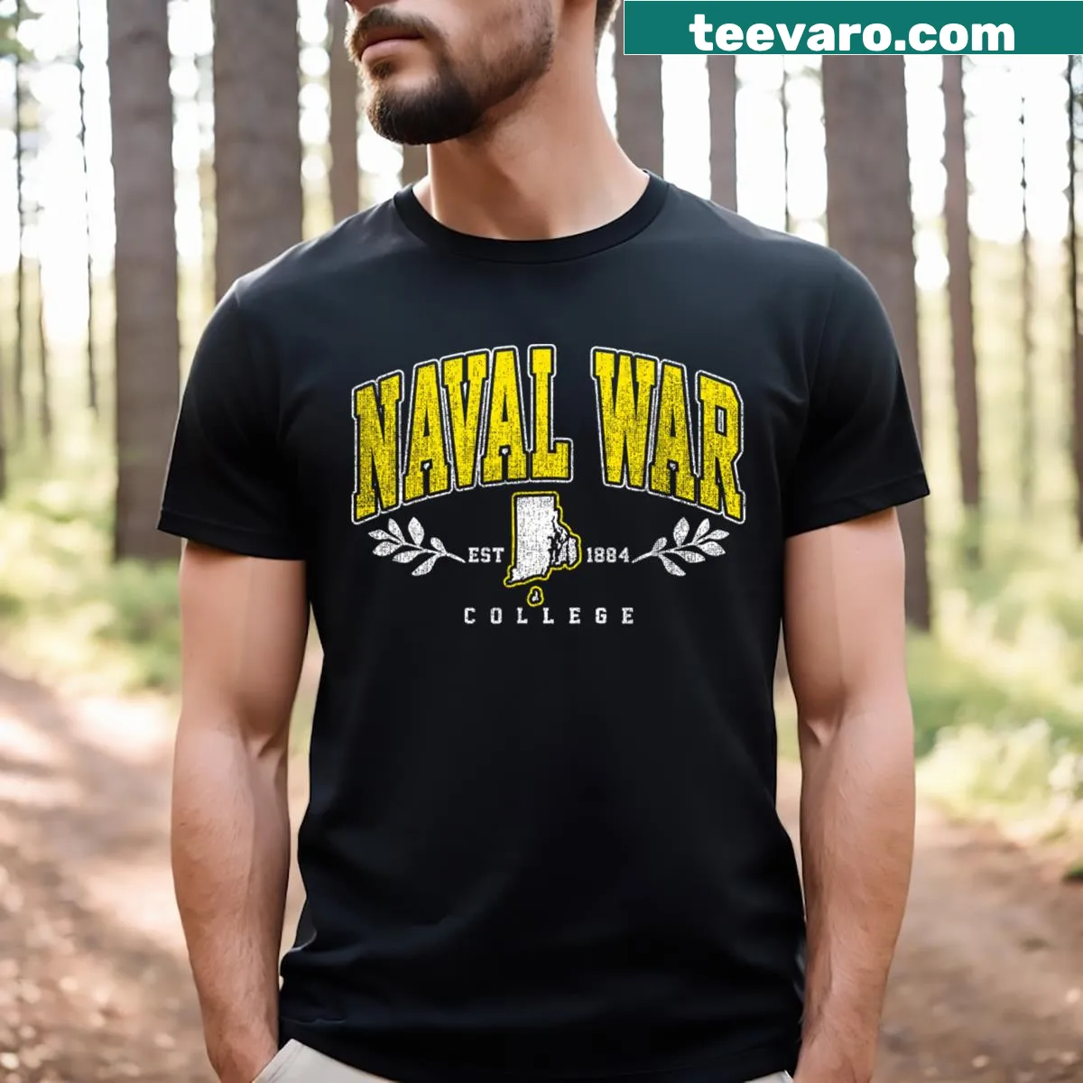 Retro naval war arch design on an athletic college tee for men. — on a men's t-shirt