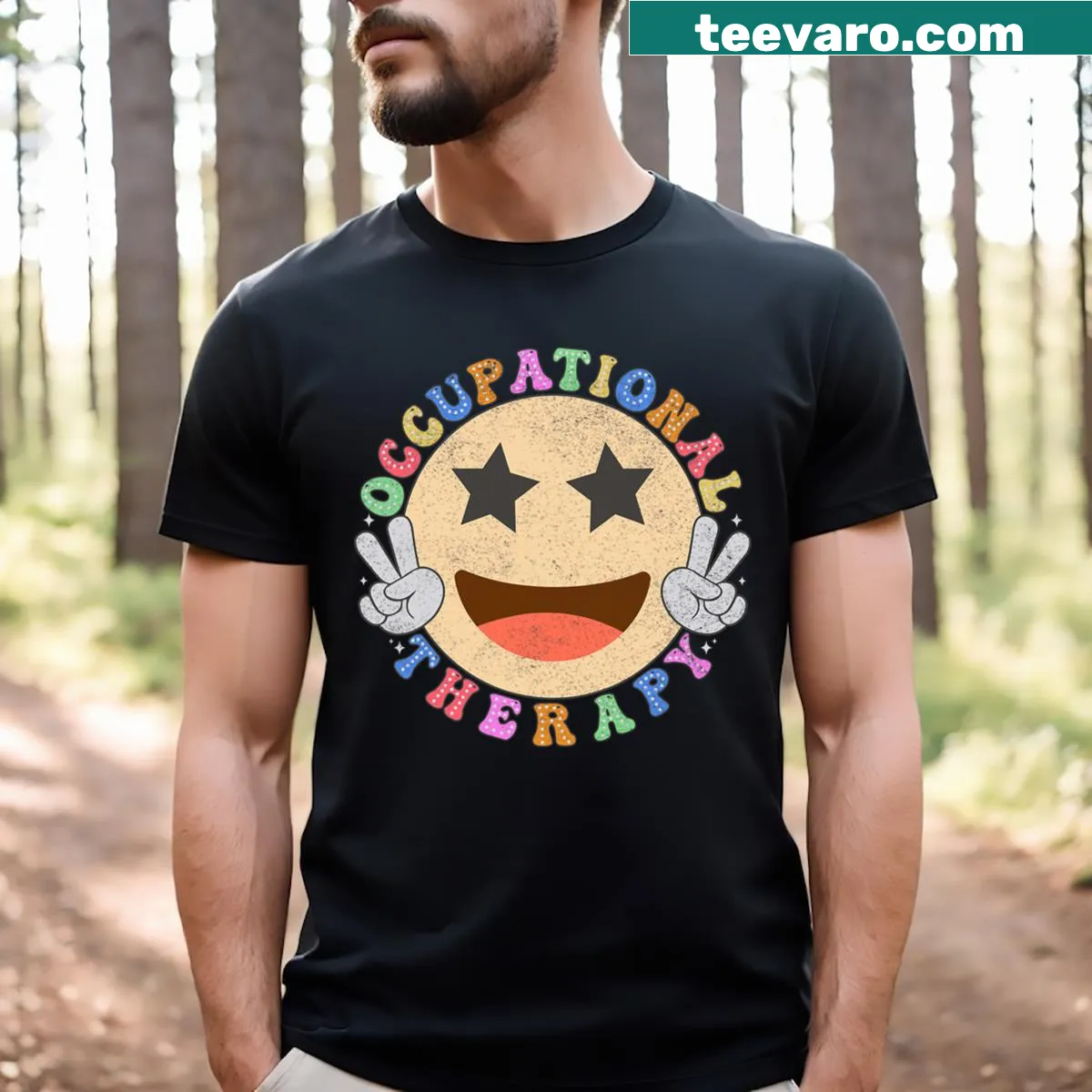Hippie-themed occupational therapy t-shirt with smiley face — on a men's t-shirt