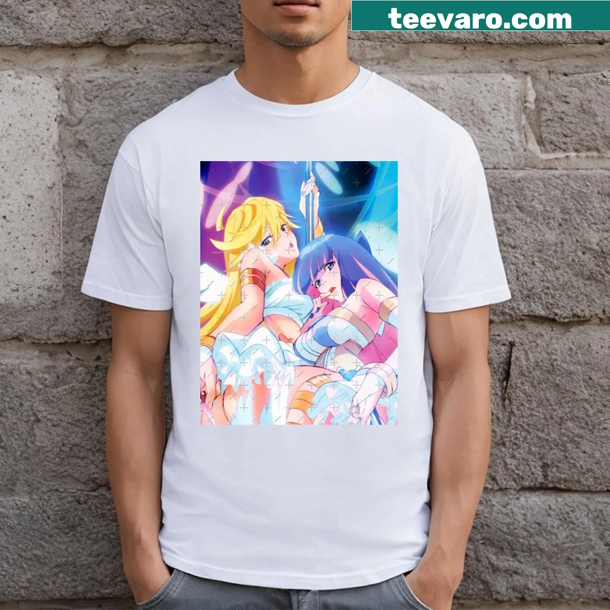 Cartoon design featuring characters from Panty and Stocking anime. — on a men's t-shirt