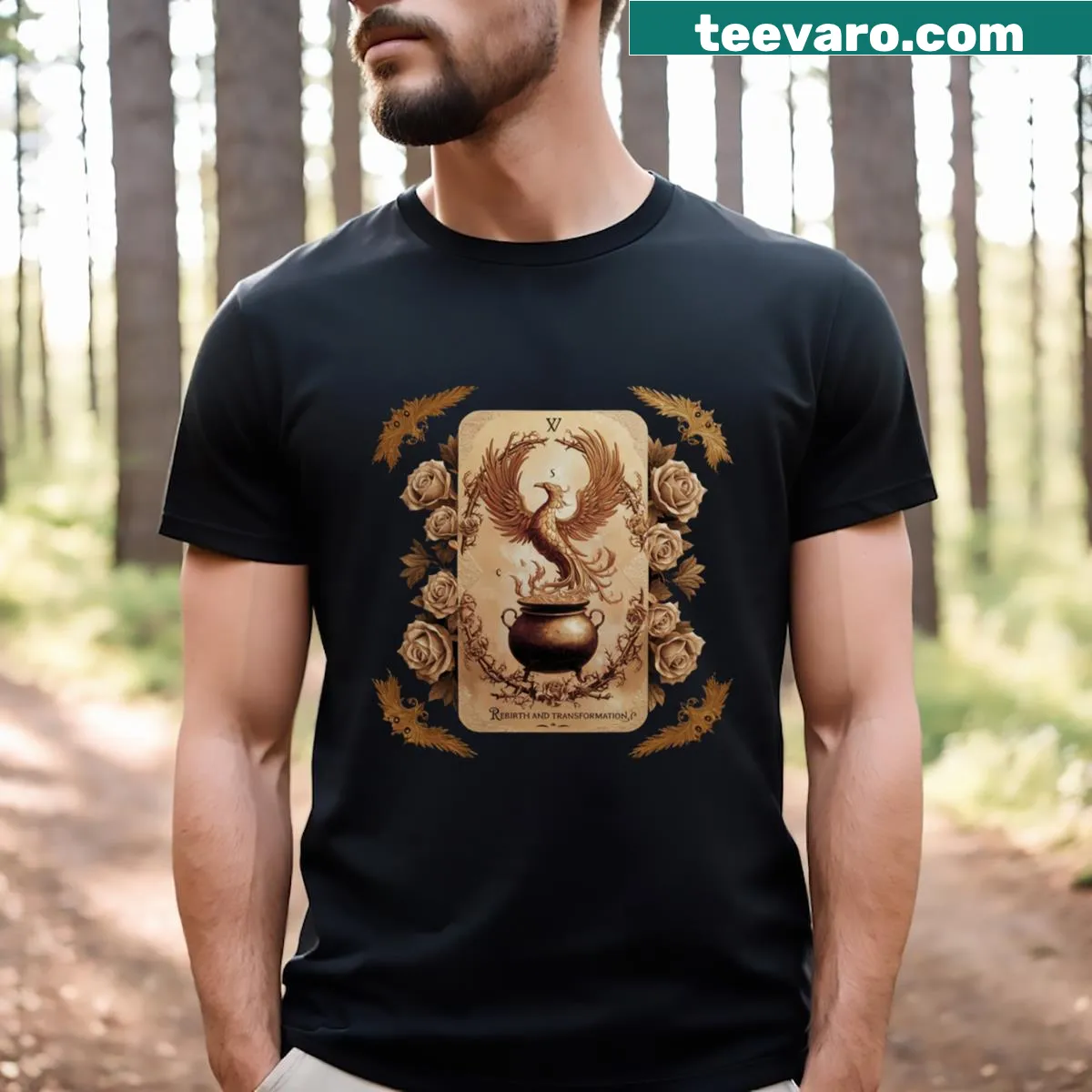 Vintage illustration of a Phoenix as a tarot card on a T-shirt — on a men's t-shirt