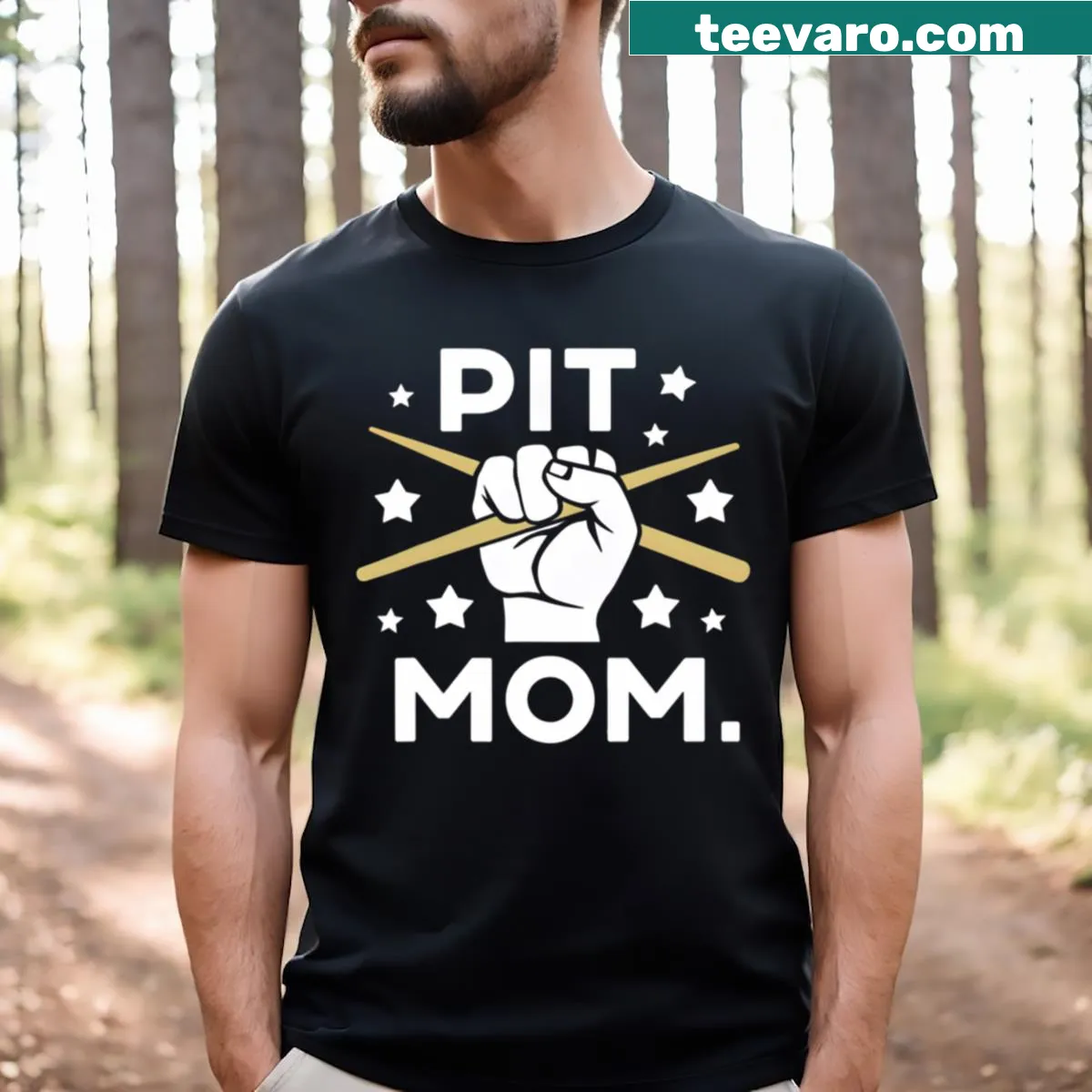 Proud shirt for band moms with bold Pit Mom typography — on a men's t-shirt