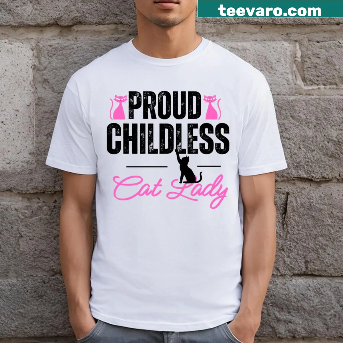 Funny T-shirt design for proud childless cat ladies — on a men's t-shirt