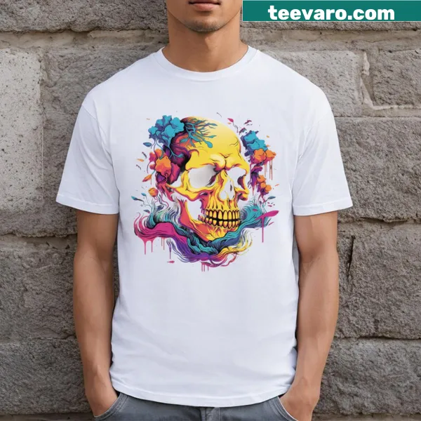Psychedelic illustration of a skull on a t-shirt.