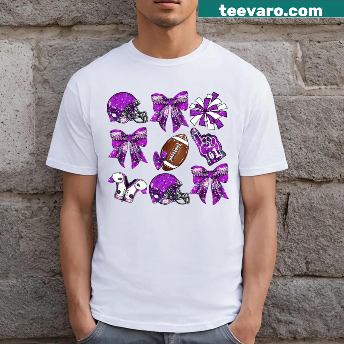 Purple T-shirt with a cute bow and football graphic for kids — on a men's t-shirt