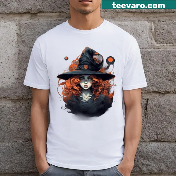T-shirt featuring a charming red-headed witch illustration