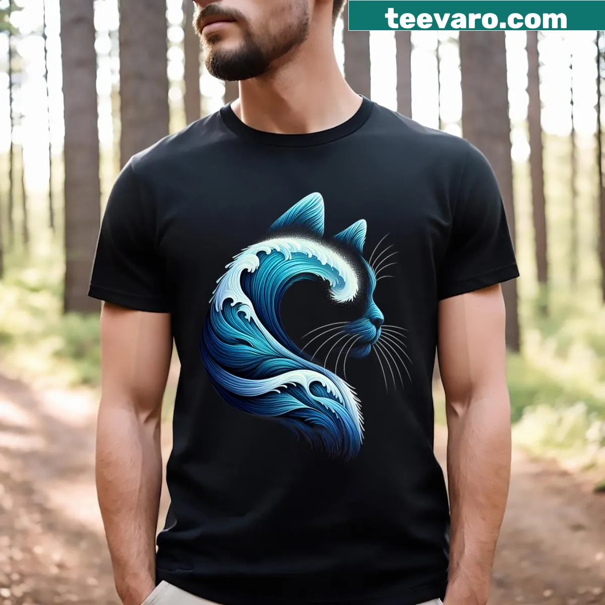 Retro t-shirt with a wave of blue cats supporting Kamala — on a men's t-shirt