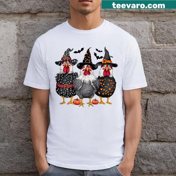 Cartoon chicken with witch hat and pumpkin design for Halloween.