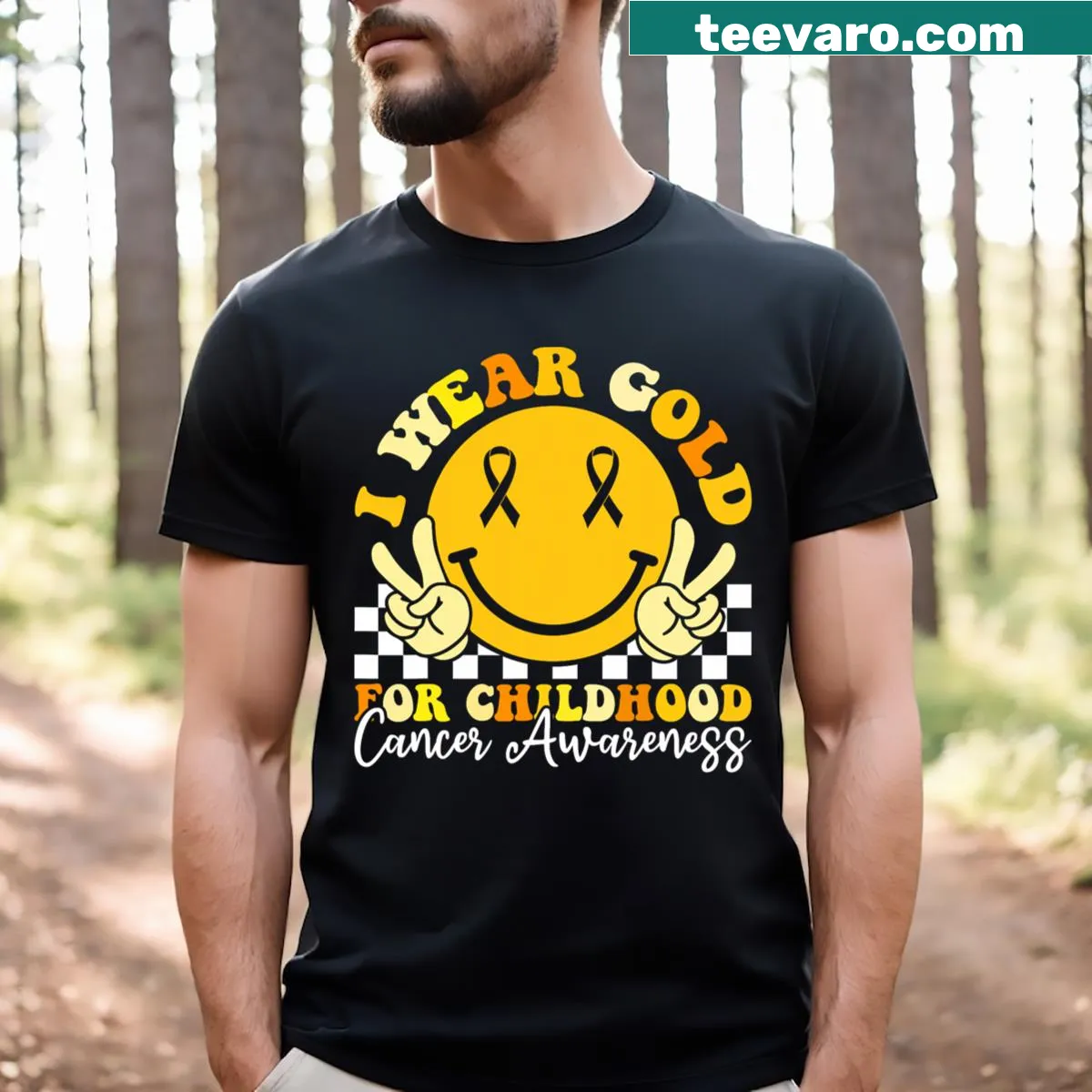 Retro T-shirt featuring a gold ribbon for childhood cancer awareness — on a men's t-shirt