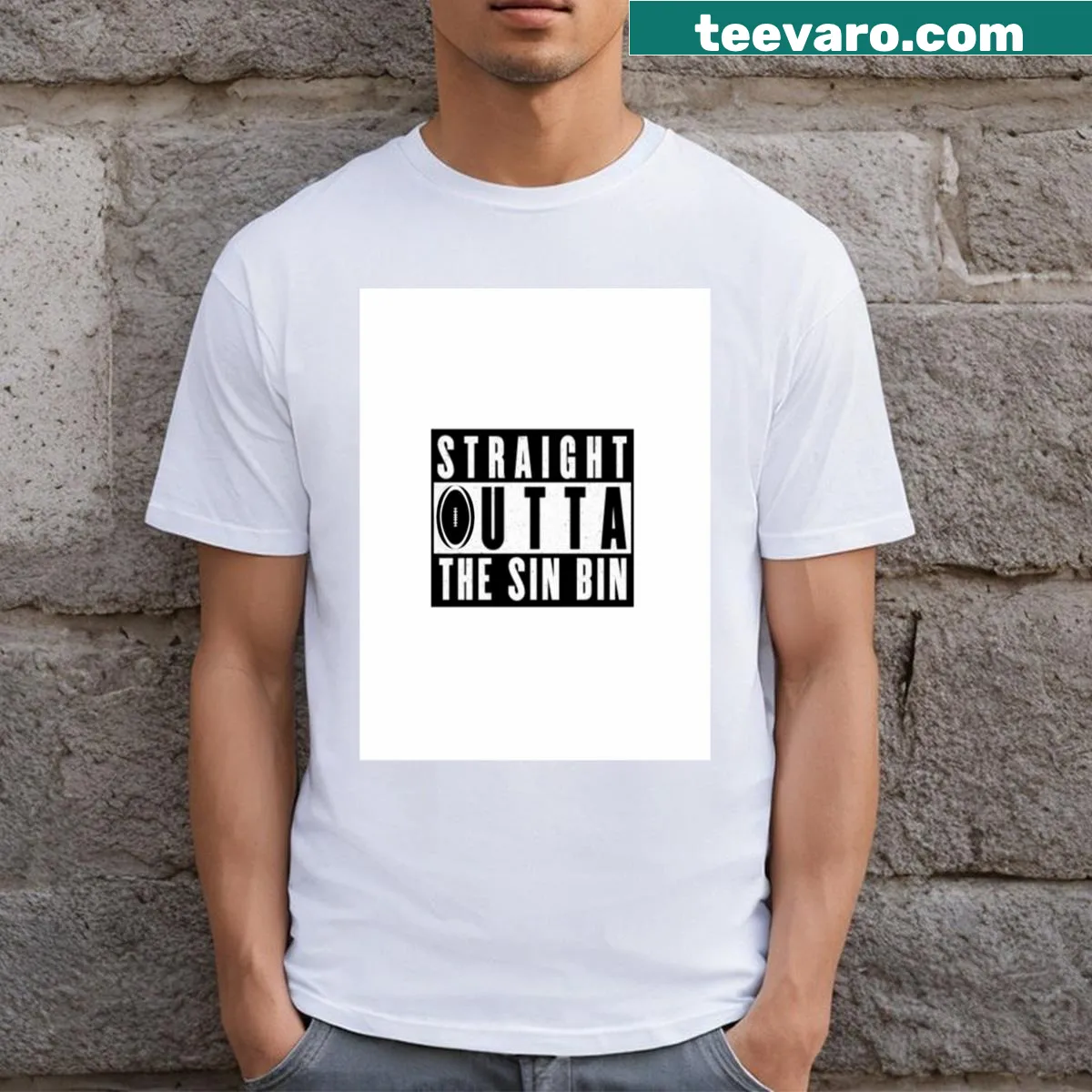 Funny rugby t-shirt with bold text 'Straight Outta The Sin Bin' — on a men's t-shirt