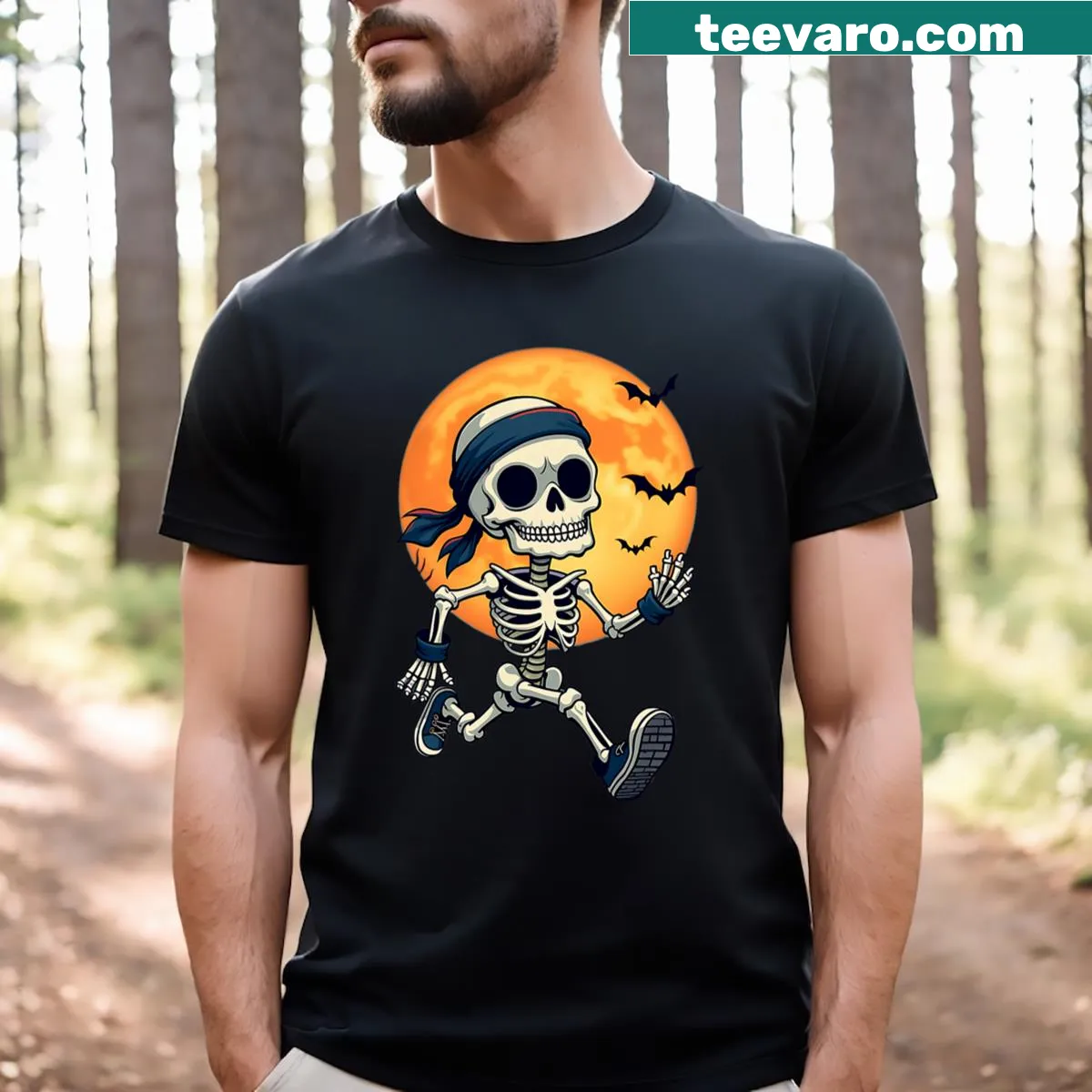 Cartoon Running Skeleton T-shirt for Halloween — on a men's t-shirt