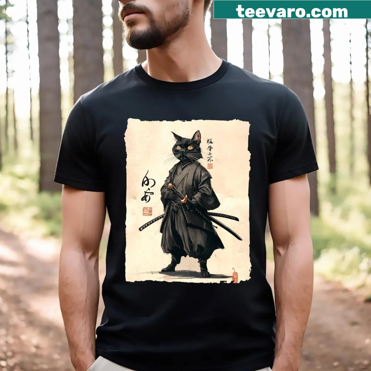 Funny Samurai Cat T-shirt for anime and cat lovers — on a men's t-shirt