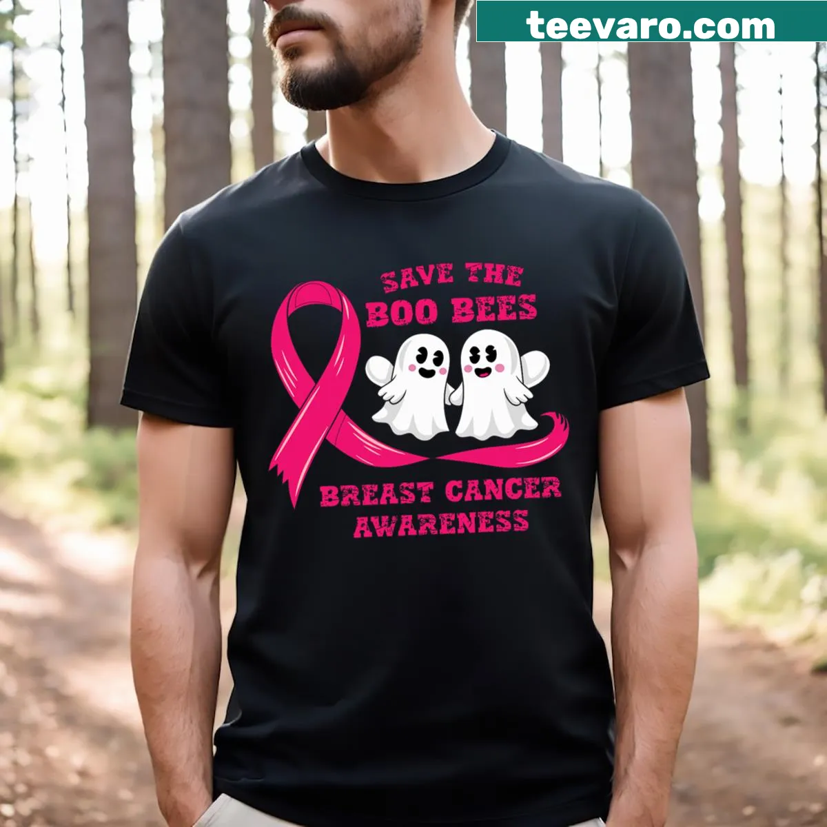 Halloween-themed breast cancer awareness t-shirt with playful typography — on a men's t-shirt