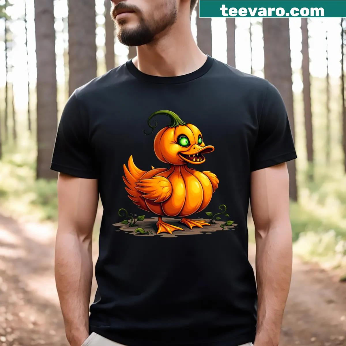 Cartoon duck dressed as a pumpkin for Halloween t-shirt — on a men's t-shirt