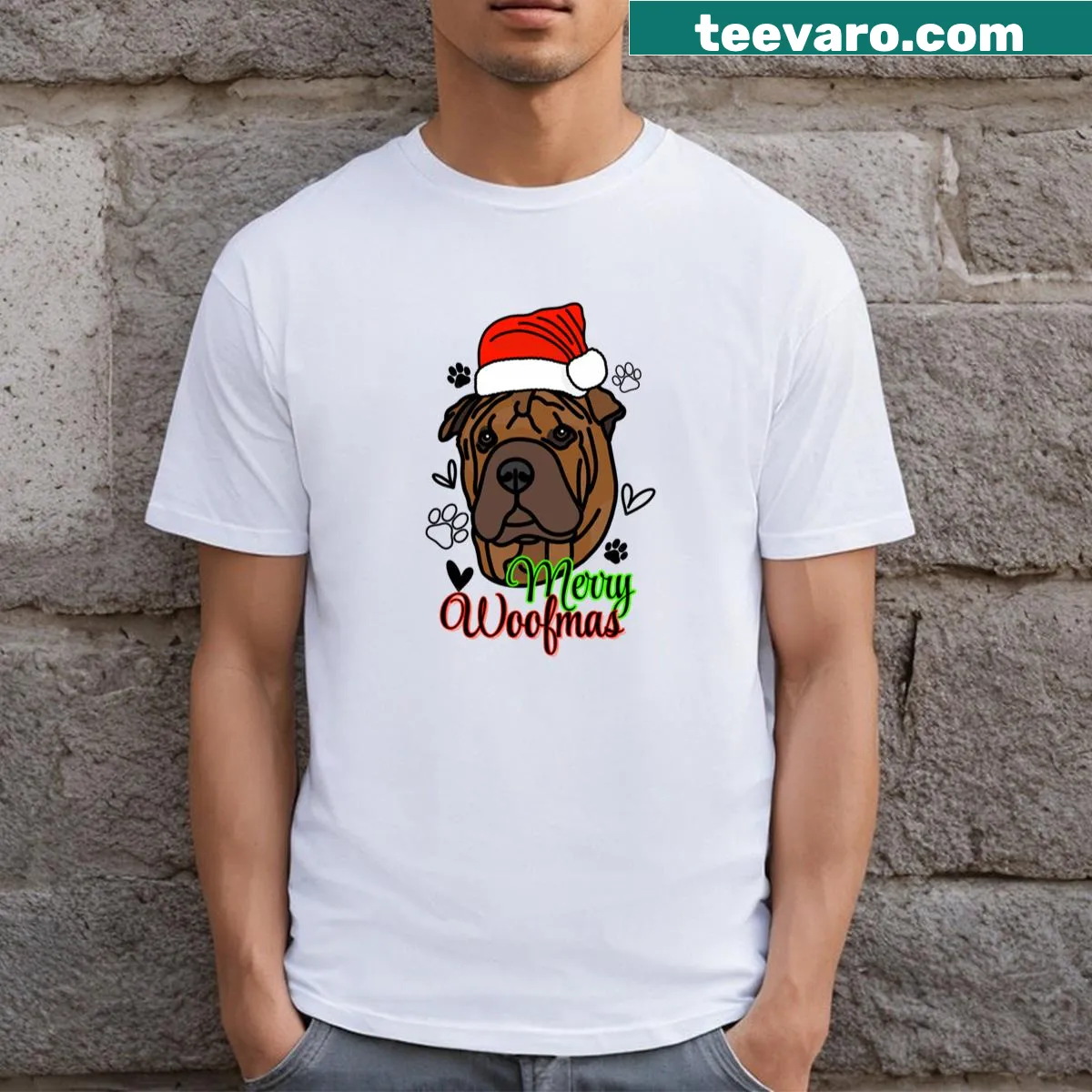 Shar Pei in a Christmas hat for joyful Woofmas t-shirt — on a men's t-shirt