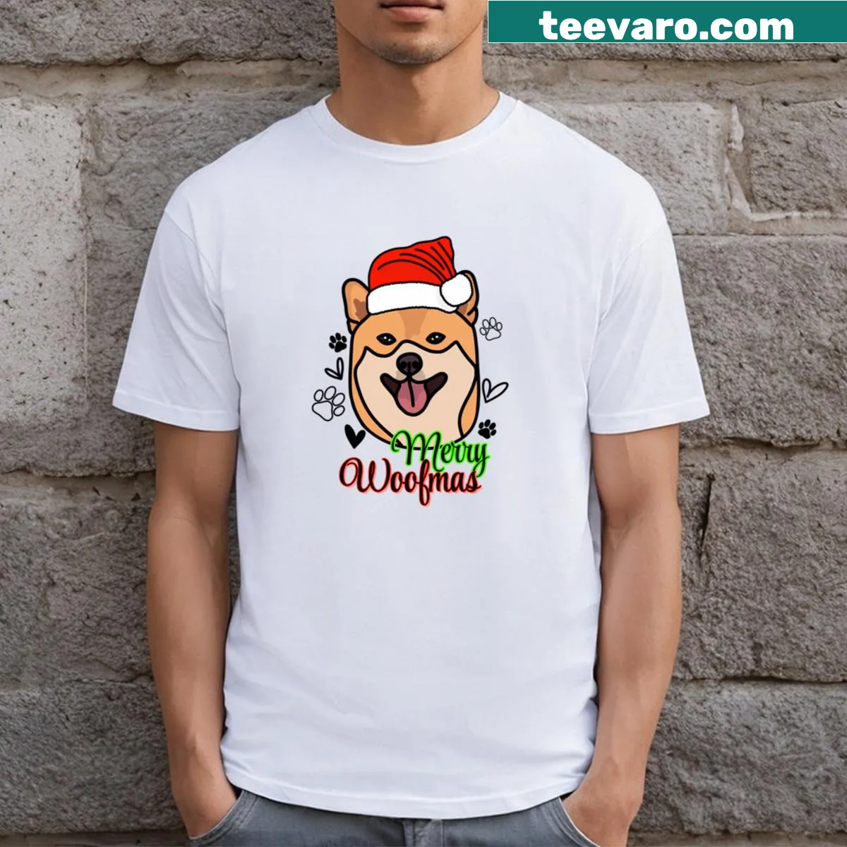 Shiba Inu in a Christmas hat for cheerful Woofmas t-shirt — on a men's t-shirt