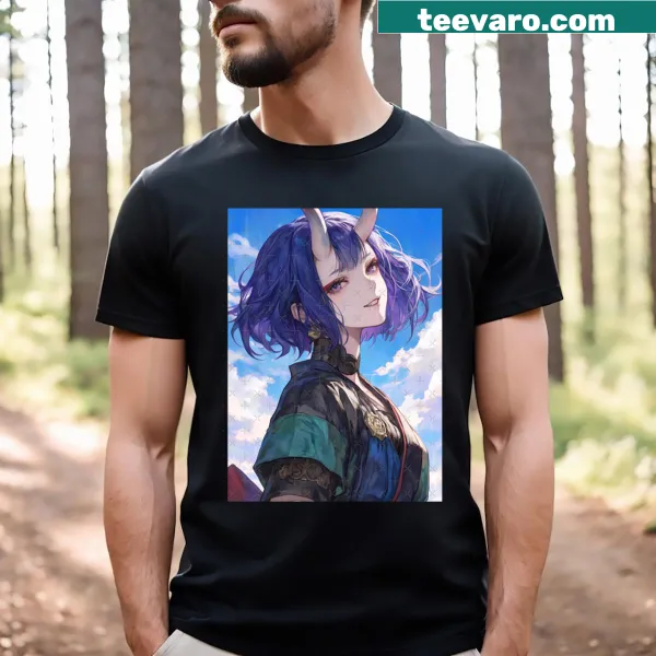 Anime girl Shuten Douji t-shirt featuring a striking illustration under a bright sky.