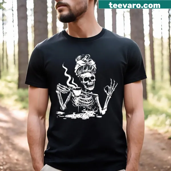 Cartoon skeleton with messy bun enjoying coffee, perfect for Halloween wear.