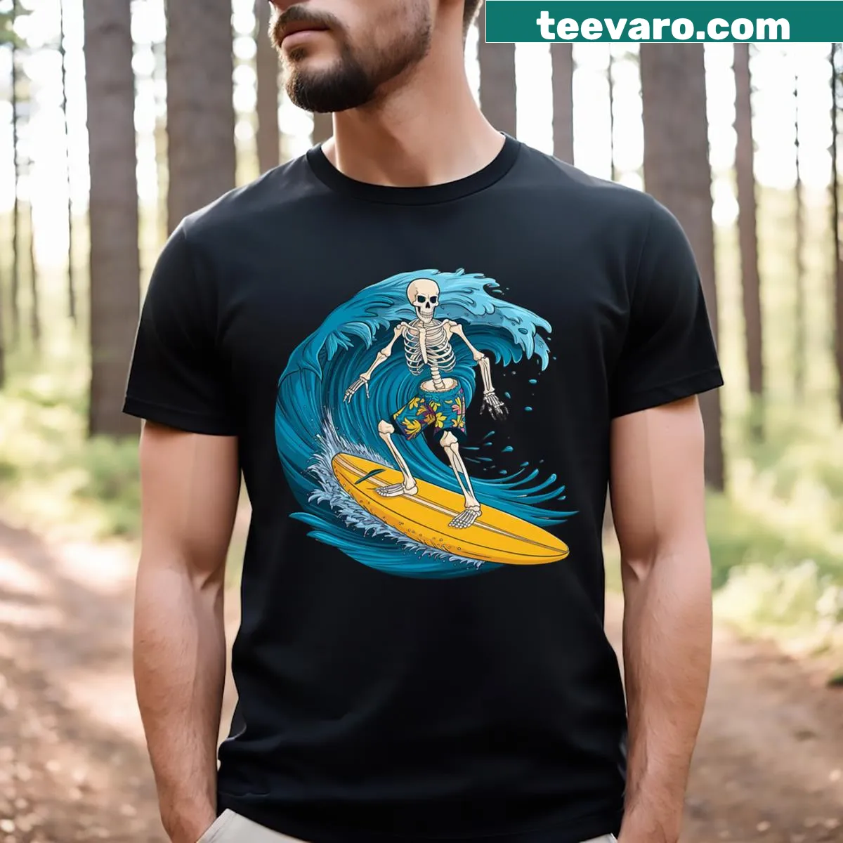Skeleton surfing on a wave with a Hawaiian background for Halloween — on a men's t-shirt