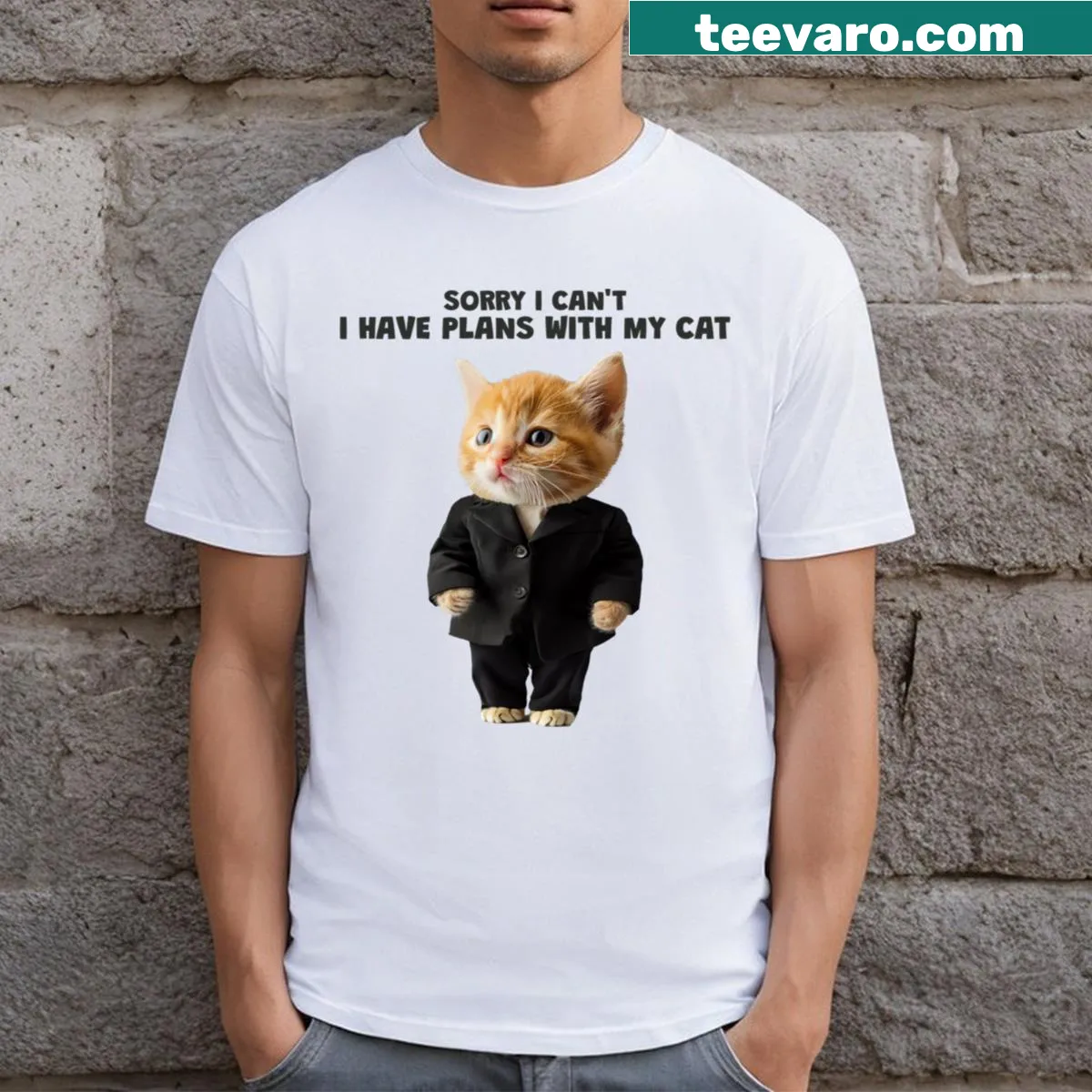 Funny t-shirt with the phrase 'Sorry I Can't, I Have Plans With My Cat' — on a men's t-shirt