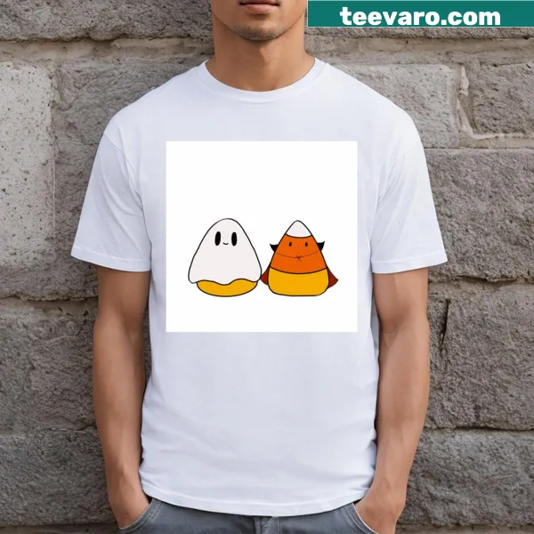 Cartoon-style t-shirt with playful candy corn graphics for Halloween.