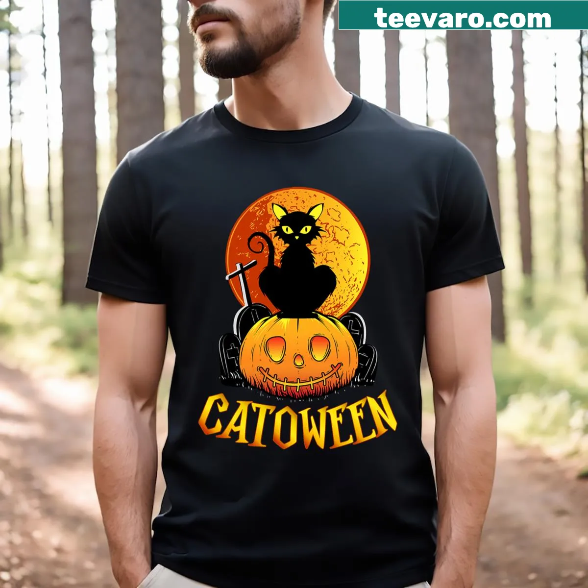 Humorous vintage-style t-shirt with a witchy cat design for Halloween. — on a men's t-shirt