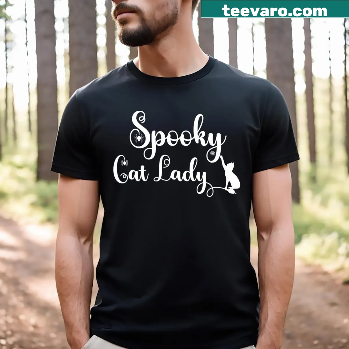 Halloween-themed Cat Mom t-shirt with spooky cat graphic — on a men's t-shirt