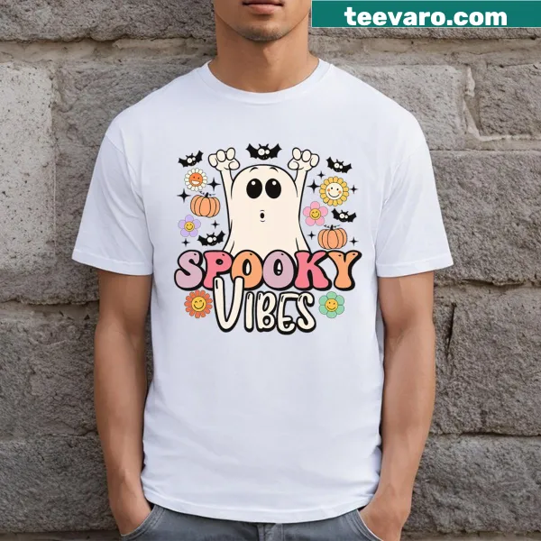 Groovy Halloween T-shirt featuring a playful ghost illustration