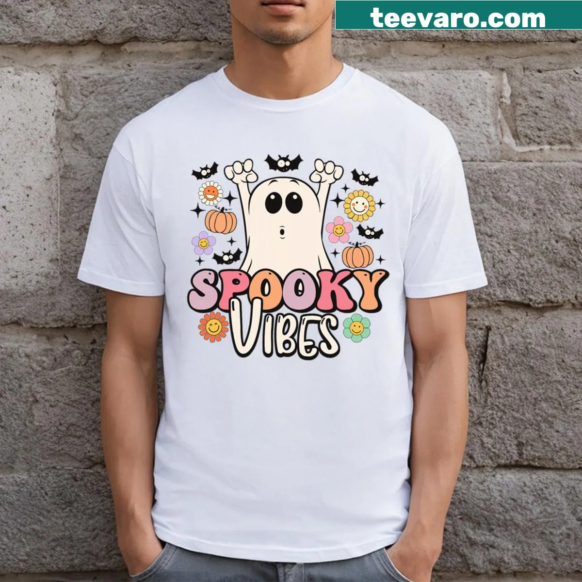 Groovy Halloween T-shirt featuring a playful ghost illustration — on a men's t-shirt
