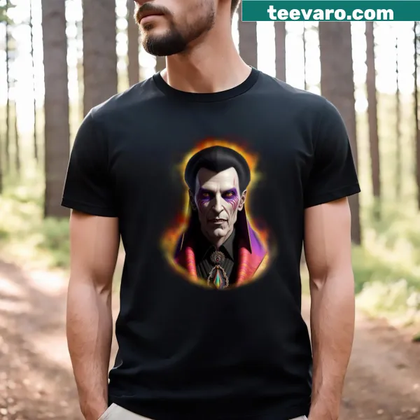 Whimsical vampire character illustration on a T-shirt