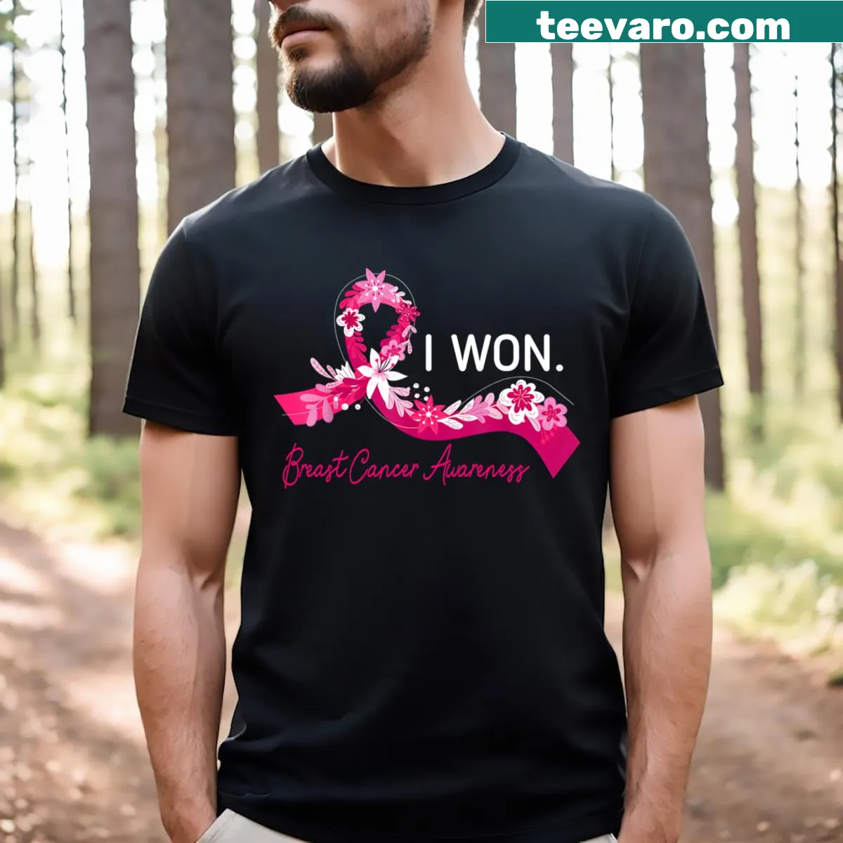 T-shirt with pink ribbon and strong survivor message — on a men's t-shirt