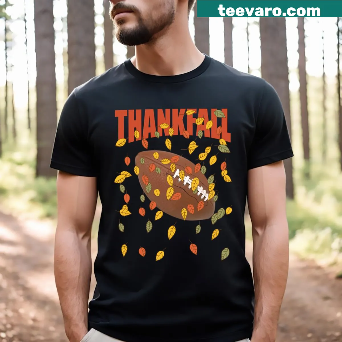 Thank All For Fall Football t-shirt with bold typography — on a men's t-shirt
