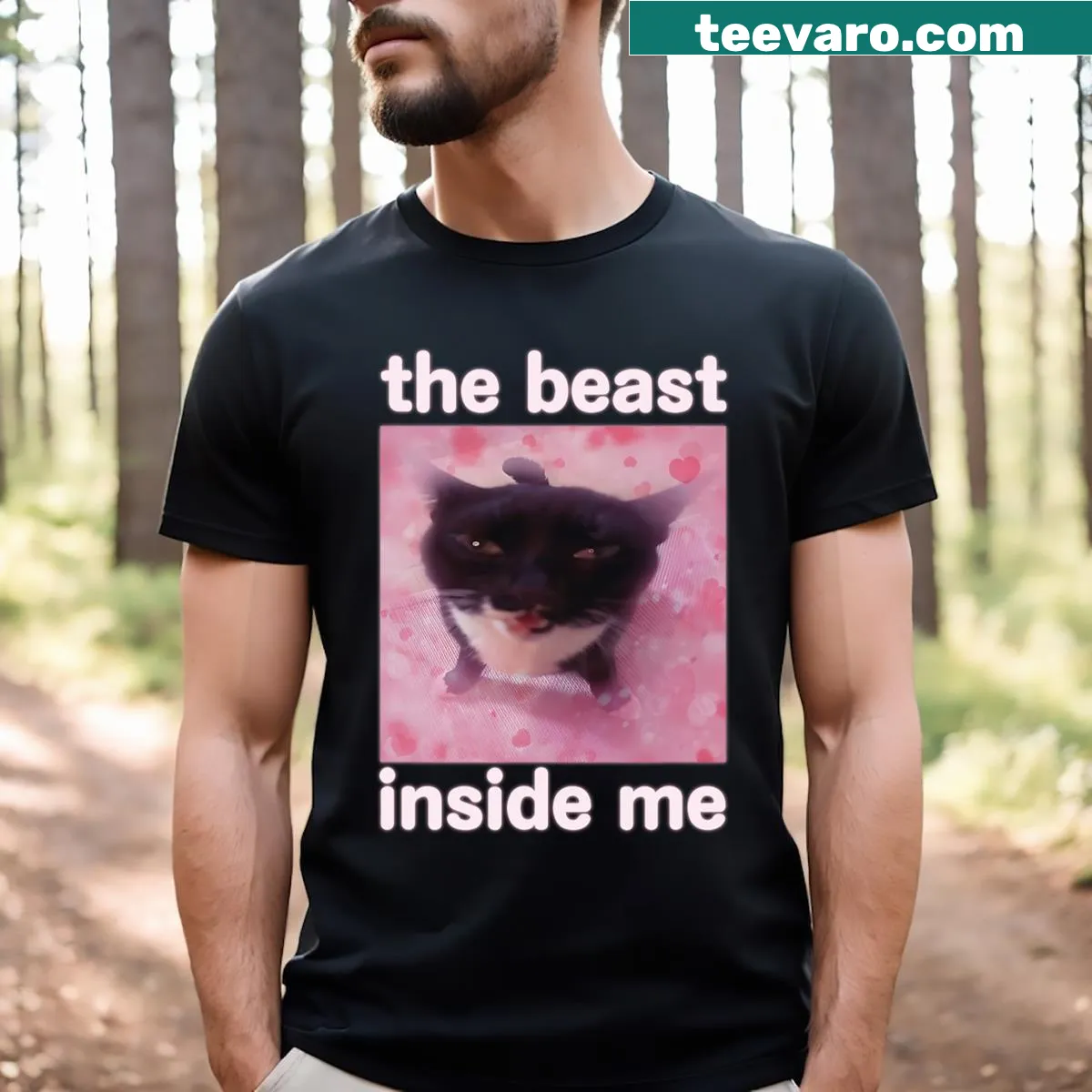 Funny T-shirt featuring a humorous cat meme with text — on a men's t-shirt