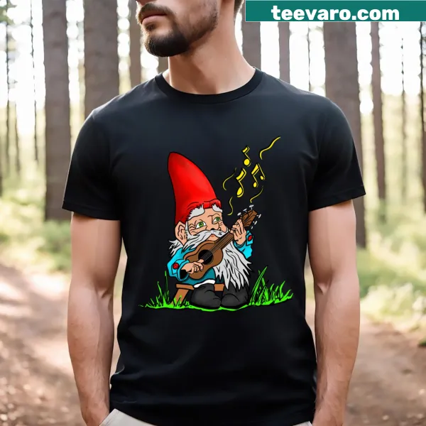 Whimsical T-shirt featuring gnomes in a jam session illustration