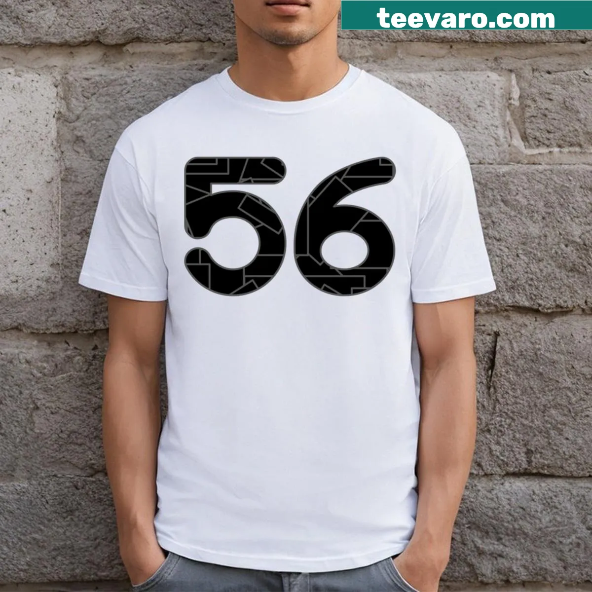 T-shirt featuring the number 56 in bold black typography — on a men's t-shirt