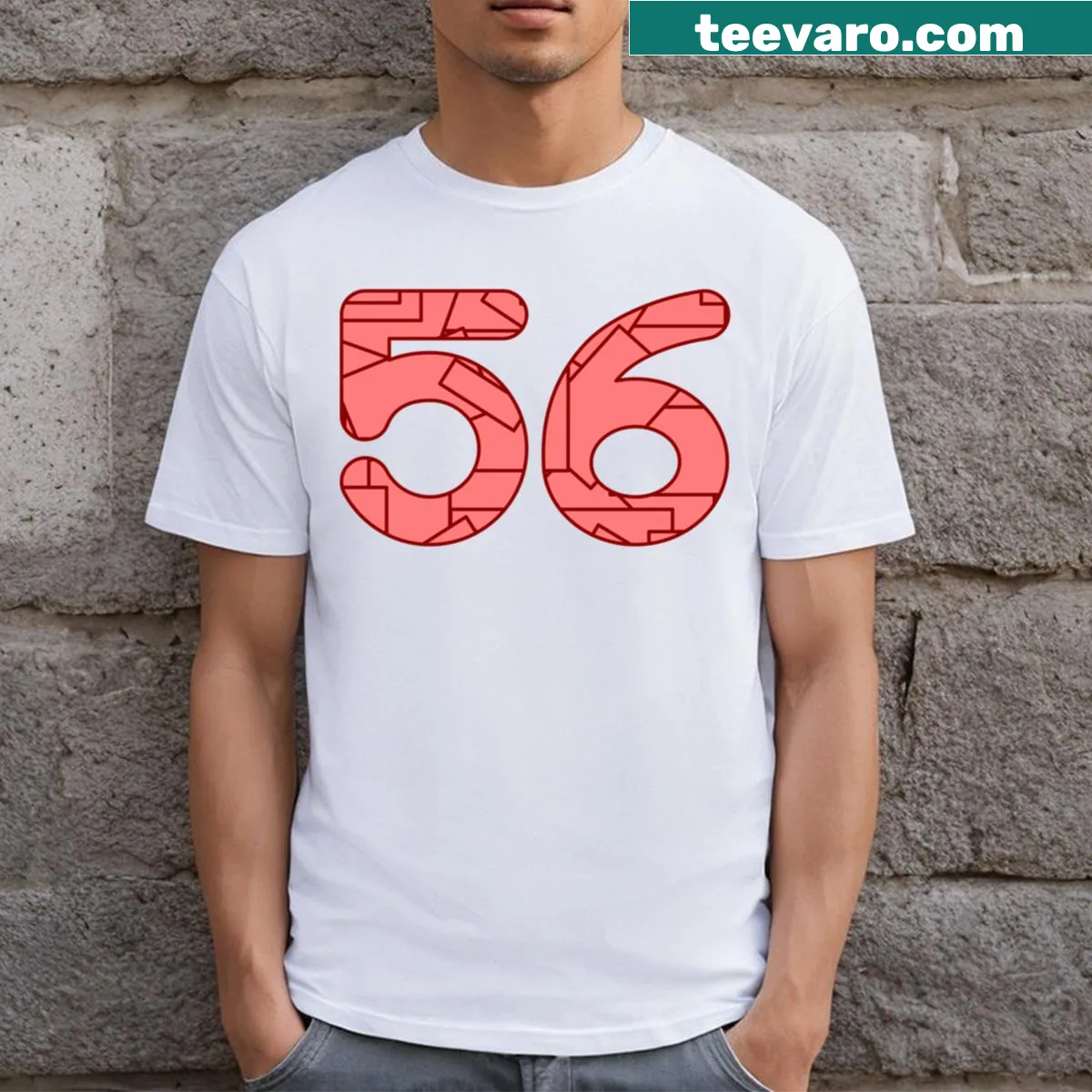 T-shirt with the number 56 in light red typography — on a men's t-shirt