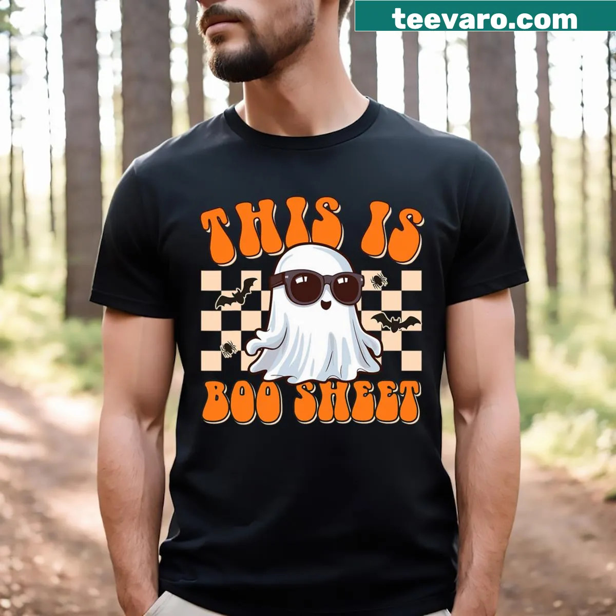 Halloween shirt with humorous ghost and text design — on a men's t-shirt