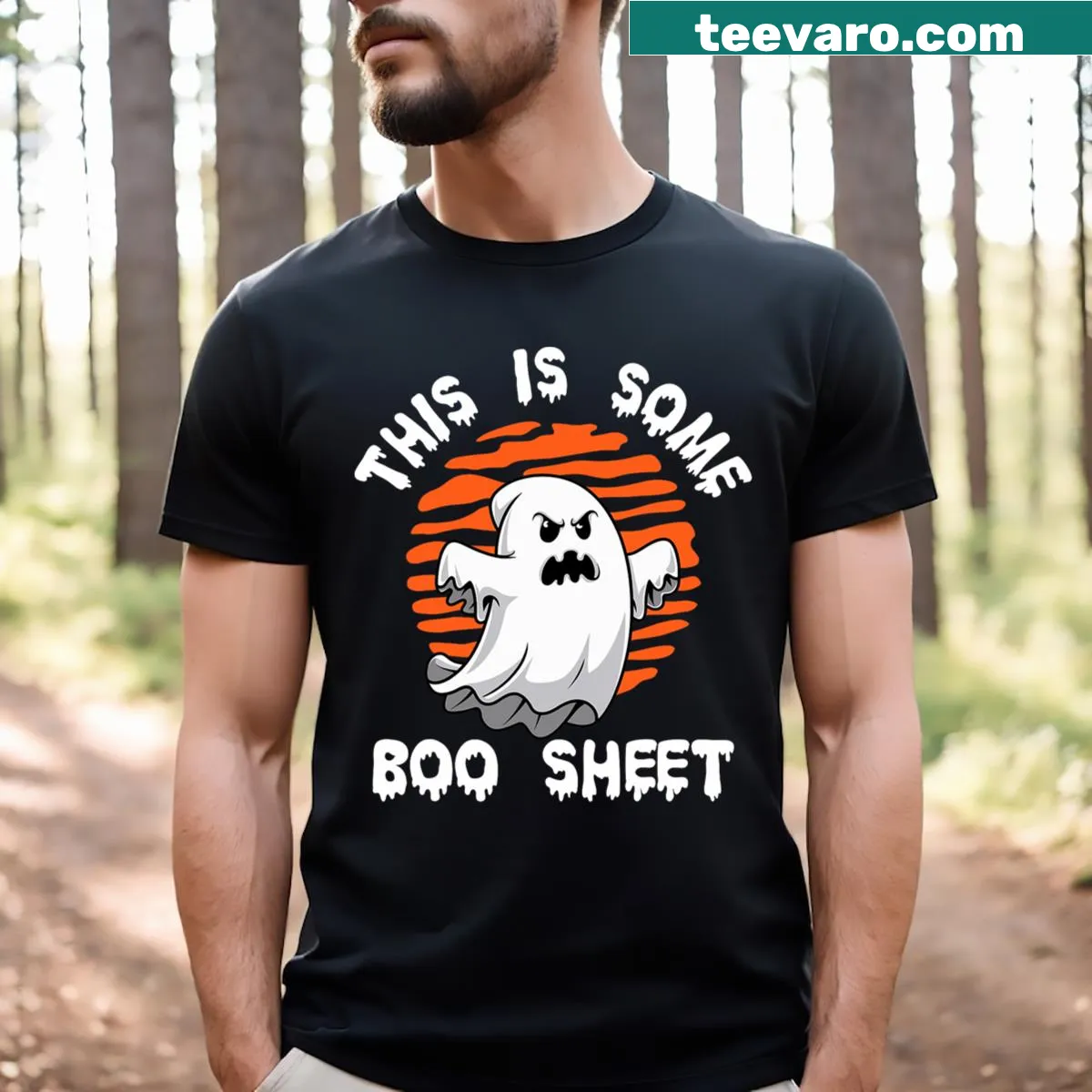 Funny ghost Halloween t-shirt with retro design and text — on a men's t-shirt