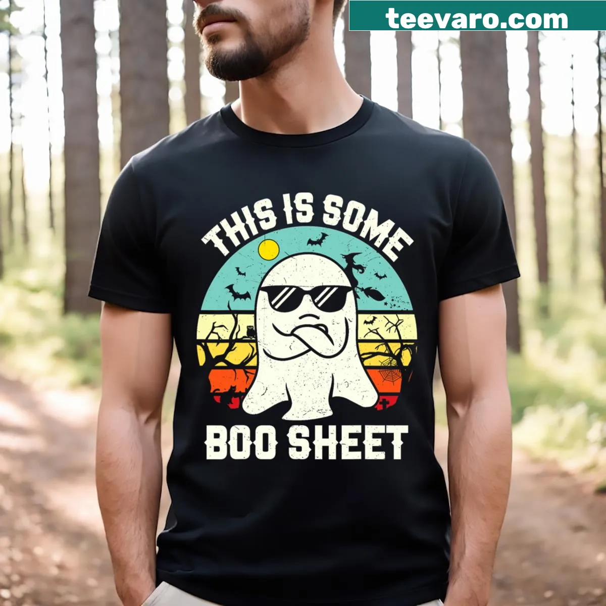 Retro Halloween t-shirt with humorous ghost and text — on a men's t-shirt