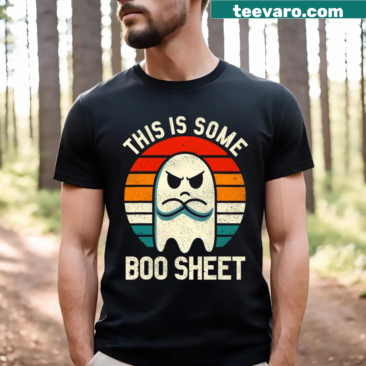 Retro t-shirt with a Halloween ghost and the phrase 'This Is Some Boo Sheet' — on a men's t-shirt