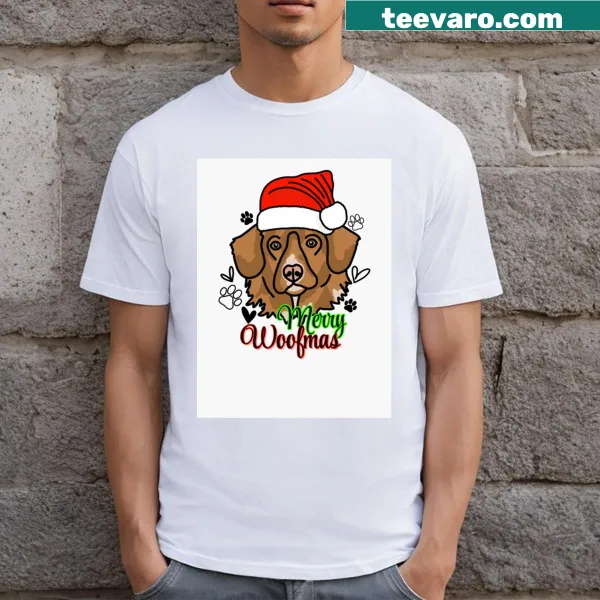 T-shirt with a dog in a Christmas hat and the phrase 'Merry Woofmas'