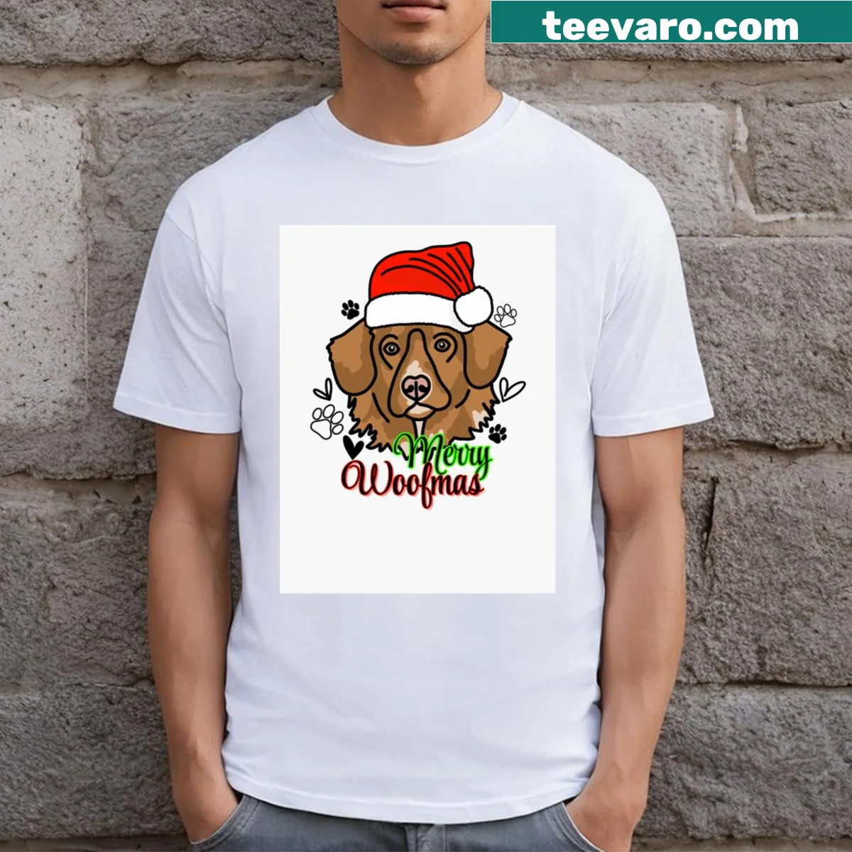 T-shirt with a dog in a Christmas hat and the phrase 'Merry Woofmas' — on a men's t-shirt
