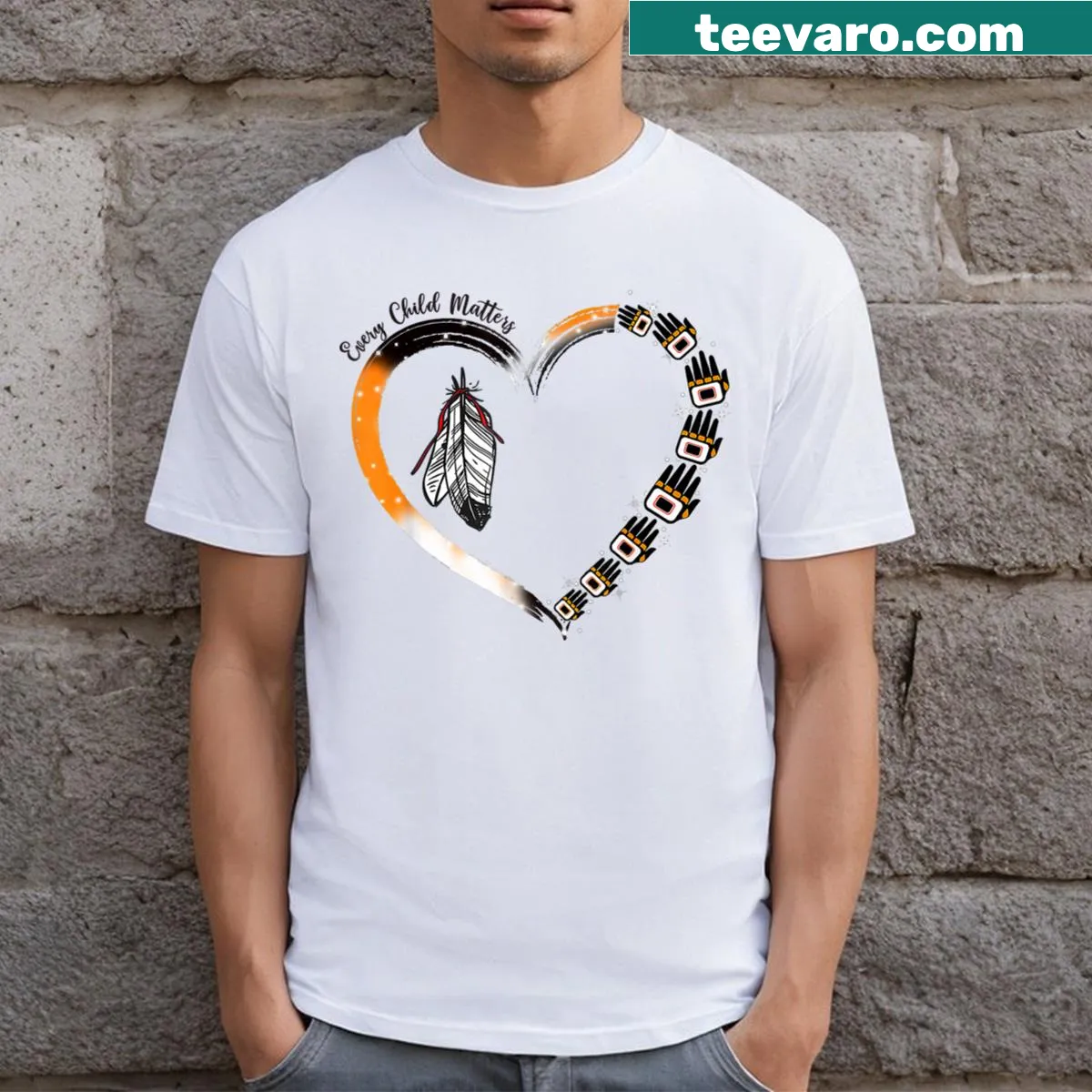 Playful t-shirt with a daisy and the phrase 'We Wear Orange For Unity Day'. — on a men's t-shirt